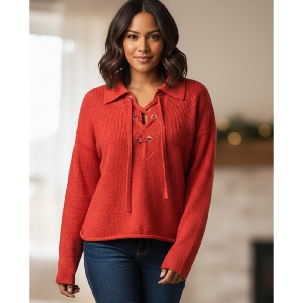 Marled Lace Up Cropped Sweater Red Size XL